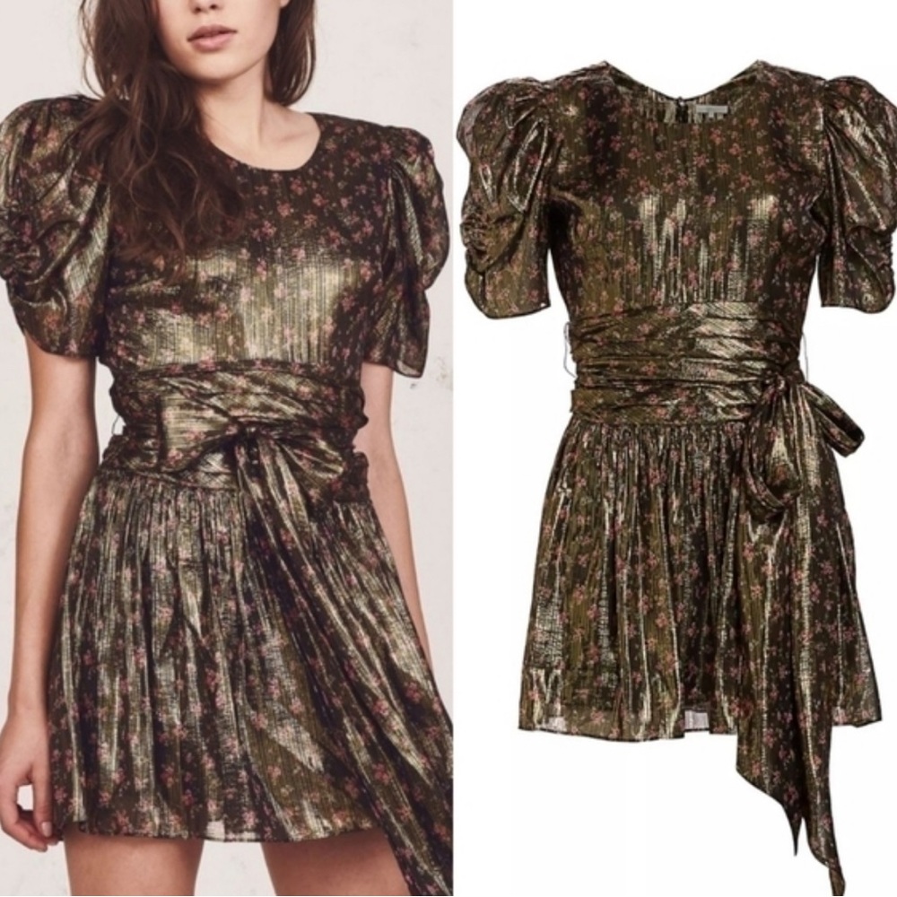 LoveShackFancy Mercy Puff-Sleeve Metallic Silk Mini Dress